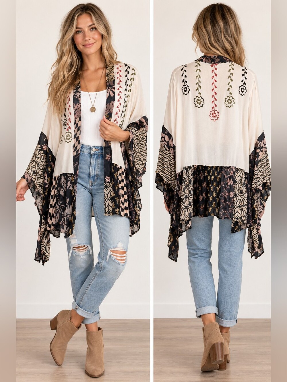 Young Threads Pearl Embroidered Patchwork Kimono Cardigan Size L NWT Boho